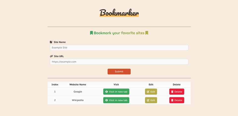 Screenshot of the Bookmarker app.