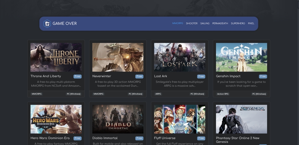 Screenshot of the Game Over website.