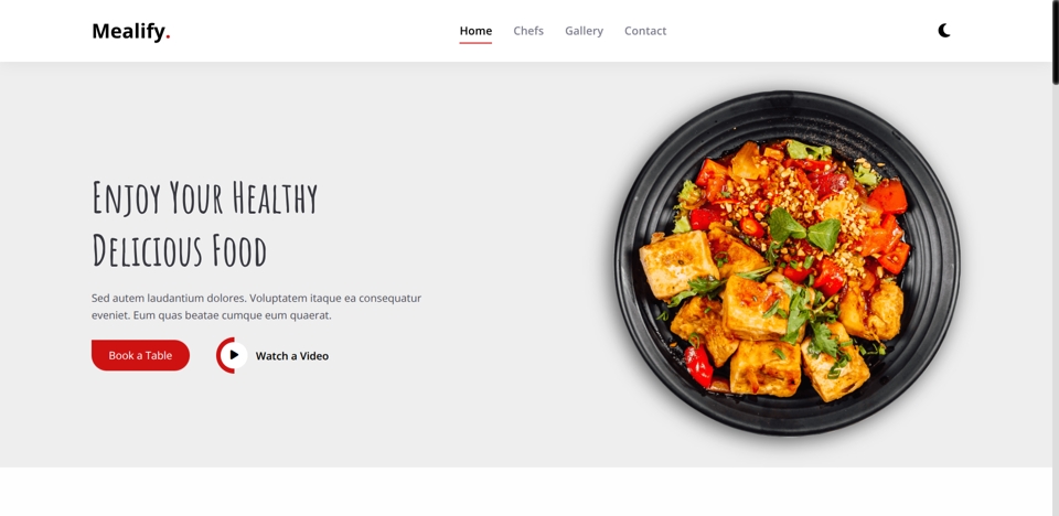 Screenshot of the Mealify's landing page.