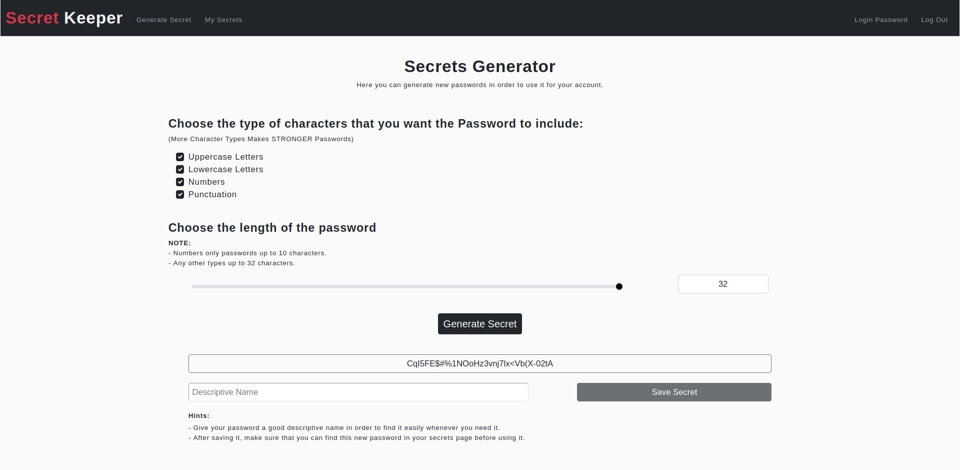 Screenshot of the Secret Keeper's secret-generation page.
